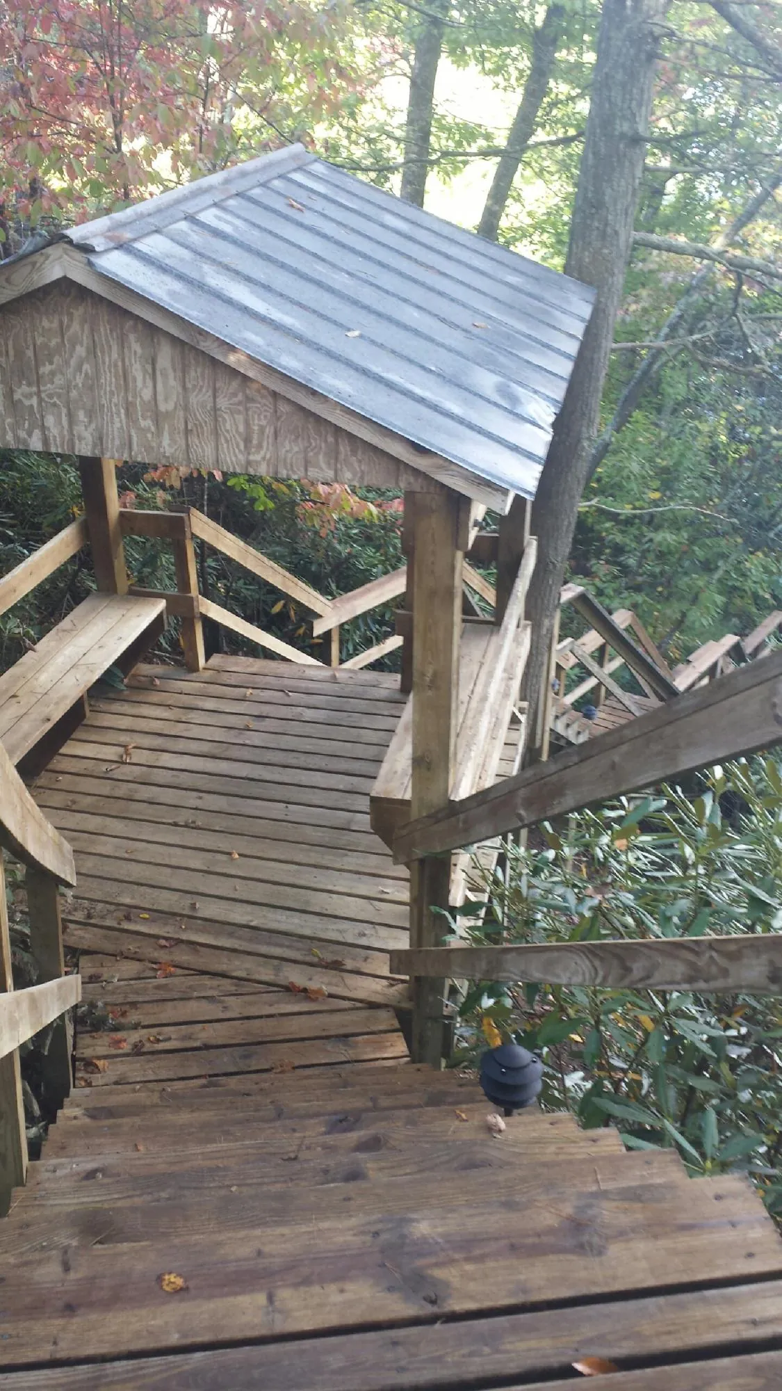 Metal roofed shelter over wooden steps on a wooded walkway — Skylight Repair & Installation work by our crew in Burtrum